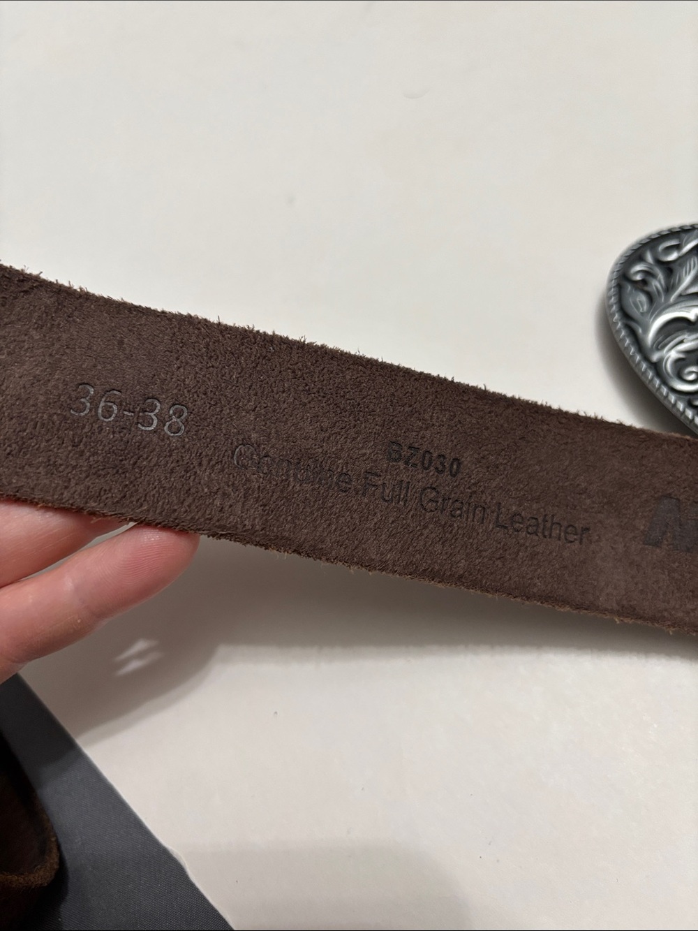 Full Grain Brown Leather Belt with Ornate Silver-Tone Floral Buckle - Picture 9 of 16